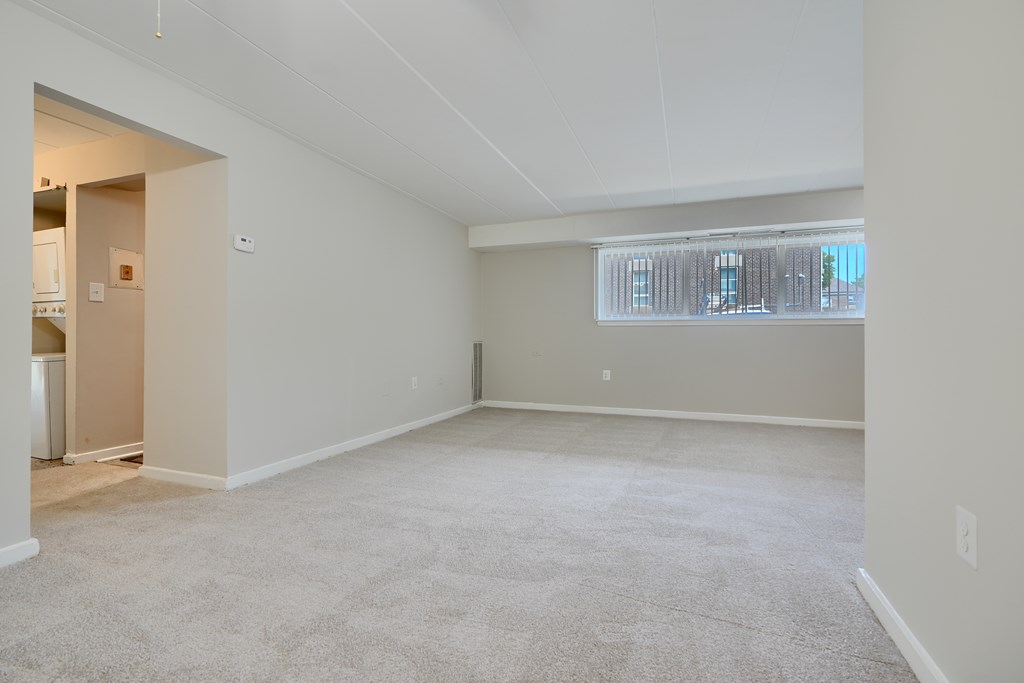 A spacious, empty room with a carpeted floor and a window with blinds.