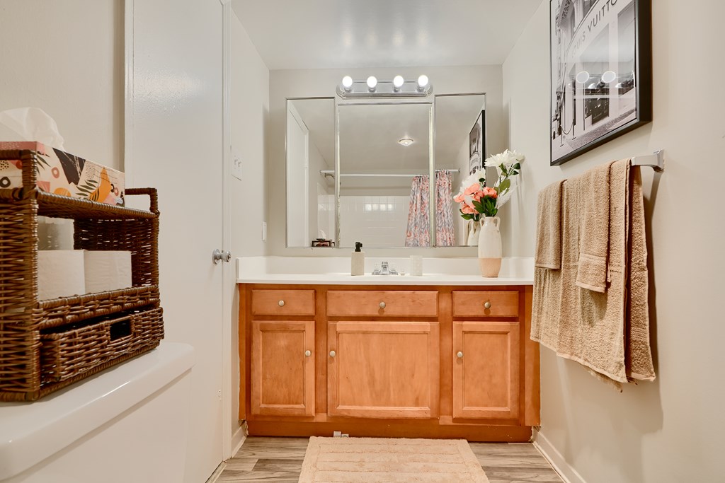 A bathroom with a wooden vanity and a mirror above it.