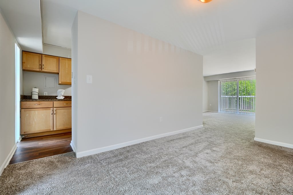 A large, empty room with a carpeted floor and white walls.