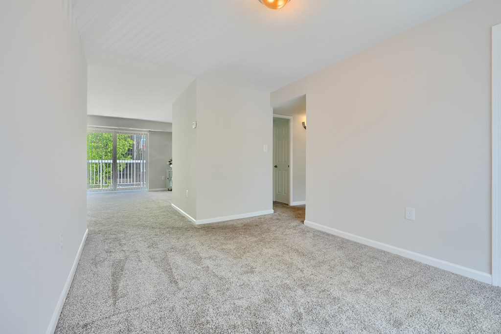 A spacious room with a carpeted floor and white walls.