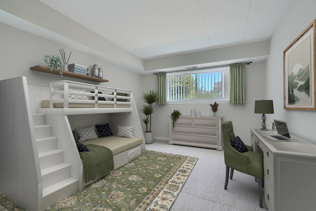 A room with a bunk bed, desk, and chair.