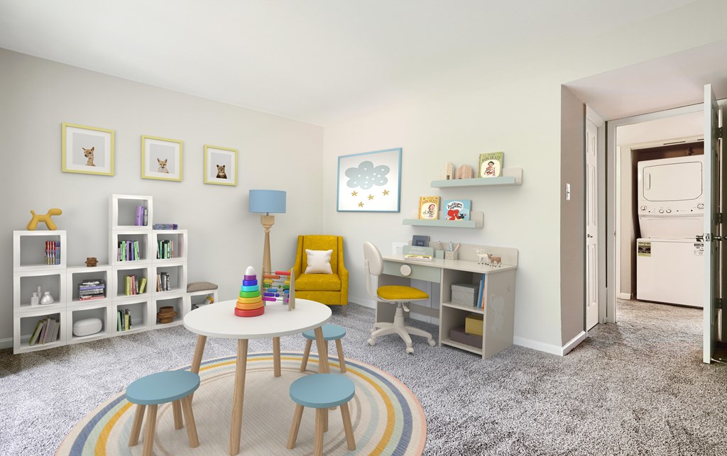 A room with a white table and yellow chair.