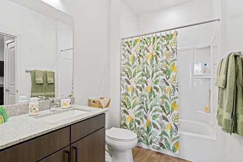 a bathroom with a shower curtain and a sink