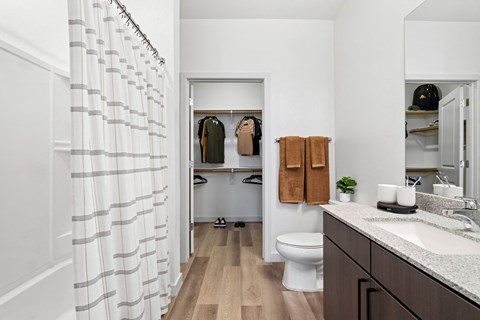 a bathroom with a shower and a sink and a toilet