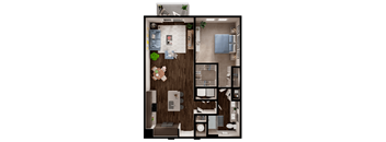 A top-down view of a small apartment layout with a kitchen, living room, and bedroom.