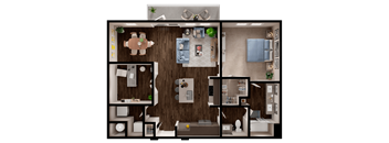 A 3D floor plan of a house showing a kitchen, living room, dining room, and bedrooms.