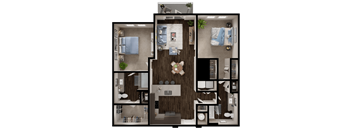A detailed 3D floor plan of a modern apartment layout.