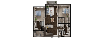 A detailed 3D floor plan of a house layout.