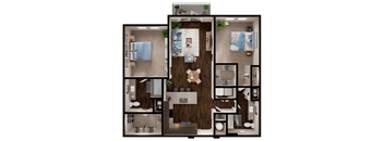 A detailed 3D floor plan of a modern apartment.