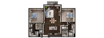 A 3D floor plan of a house with a kitchen, living room, and two bedrooms.