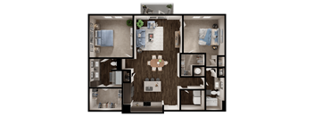 A floor plan of a house with a kitchen, living room, and two bedrooms.