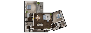 A 3D floor plan of a house showing the layout of the rooms.