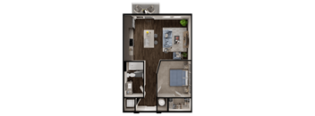 A top-down view of a small apartment layout with a kitchen, living room, and bedroom.
