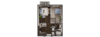A detailed 3D floor plan of a small apartment layout.