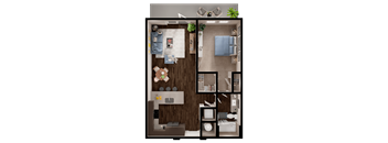 A top-down view of a small apartment with a kitchen, living room, and bedroom.