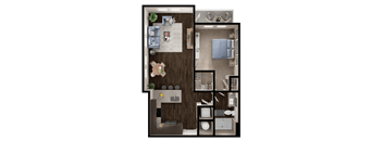 A top-down view of a living room, kitchen, and bedroom in a house.