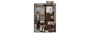 A floor plan of a small apartment with a kitchen, living room, and bedroom.