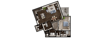 A 3D floor plan of a house showing a living room, kitchen, and two bedrooms.