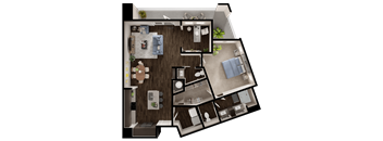 A 3D floor plan of a house with a kitchen, living room, and bedrooms.