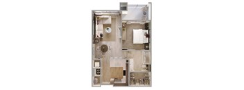 a 3d drawing of a 1 bedroom apartment with a bathroom and a living room