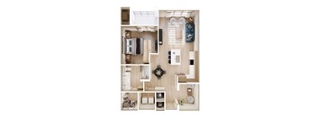 a stylized floor plan of a house with a bedroom and living room