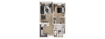 A top-down view of a small apartment with a living room, kitchen, and bedroom.