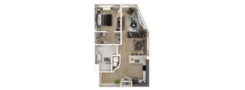 A top-down view of a small apartment with a kitchen, living room, and bedroom.