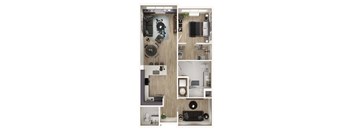 A series of images showing different layouts of a small apartment.