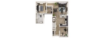 A floor plan of a house with a kitchen, living room, and bathroom.