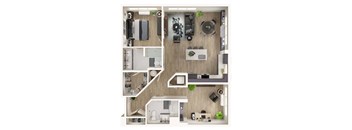 A top-down view of a modern apartment layout with a kitchen, living room, and bedrooms.