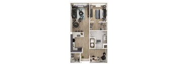 A floor plan of a small apartment with a kitchen, living room, and bathroom.