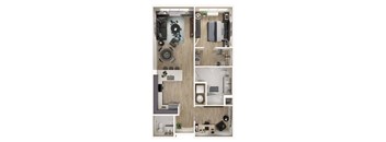 A floor plan of a small apartment with a kitchen, living room, and bathroom.