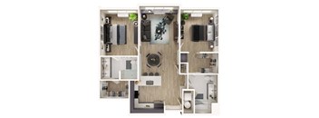A top-down view of a modern apartment layout with a kitchen, living room, and bedrooms.