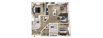 A top-down view of a house layout with a kitchen, living room, and bedrooms.