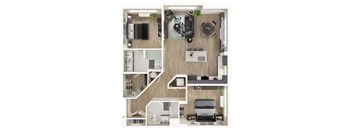 A top-down view of a small apartment with a kitchen, living room, and bedroom.