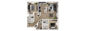 A top-down view of a modern apartment layout with a kitchen, living room, and bedroom.