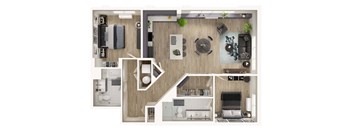A top-down view of a modern apartment layout with a kitchen, living room, and bedrooms.