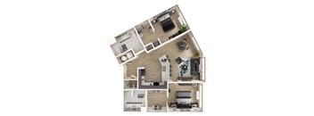 A top-down view of a modern apartment layout.
