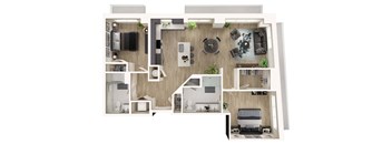 A top-down view of a house layout with a kitchen, living room, and bedrooms.