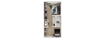 A modern apartment layout with a living room, kitchen, and bathroom.
