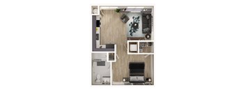 A series of images showing a modern apartment layout with a kitchen, living room, and bedroom.