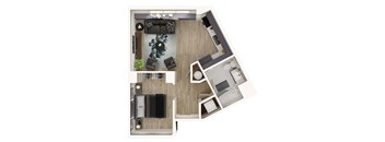 A top-down view of a modern living room with a sofa, coffee table, and a television.