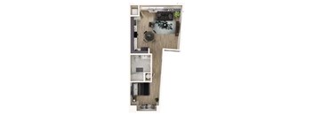 A top-down view of a small apartment with a kitchen, living room, and dining area.
