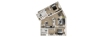 A detailed 3D floor plan of a modern apartment.