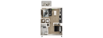 A top-down view of a small, modern apartment with a kitchen, living room, and bathroom.