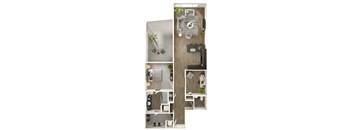 A floor plan of a two-story apartment with a living room, kitchen, and bedrooms.
