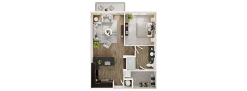 A floor plan of a small apartment with a kitchen, living room, and bathroom.