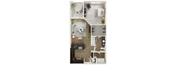 A top-down view of a modern apartment layout with a kitchen, living room, and bathroom.