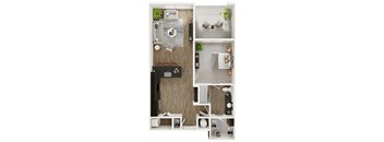 A top-down view of a modern apartment layout with a living room, kitchen, and bathroom.