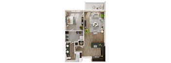 A modern apartment layout with a kitchen, living room, and bathroom.